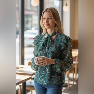 Promesa Green Floral Ruffle Tie Neck Blouse Size Small Sheer L/S Boho Top